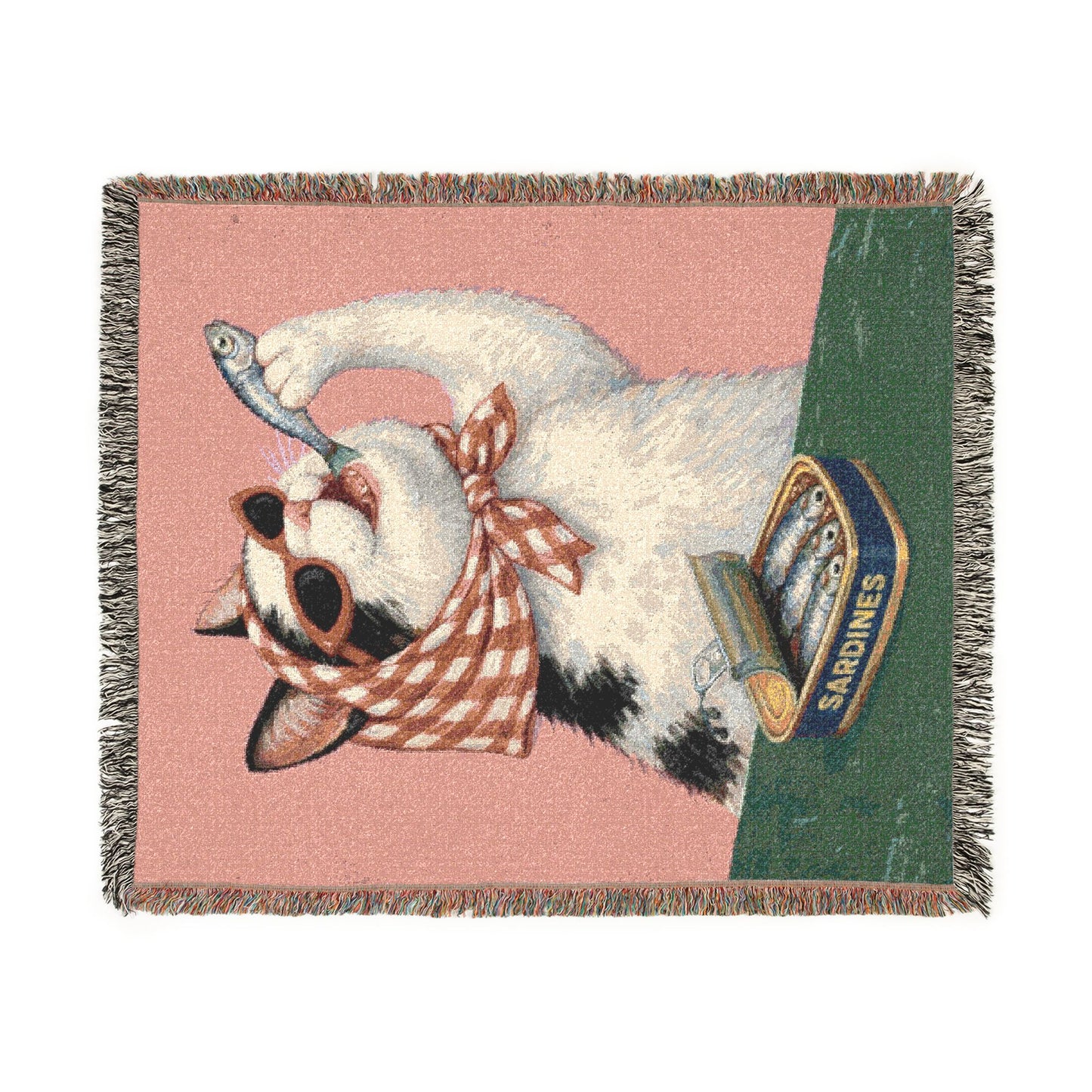 Babuska Cat Loves Sardines  Woven Blanket, Cat Lover Gift