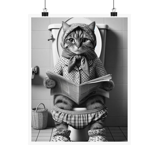 Babushka Kitty Reads on Toilet Black and White  Matte Vertical Poster Bathroom Art