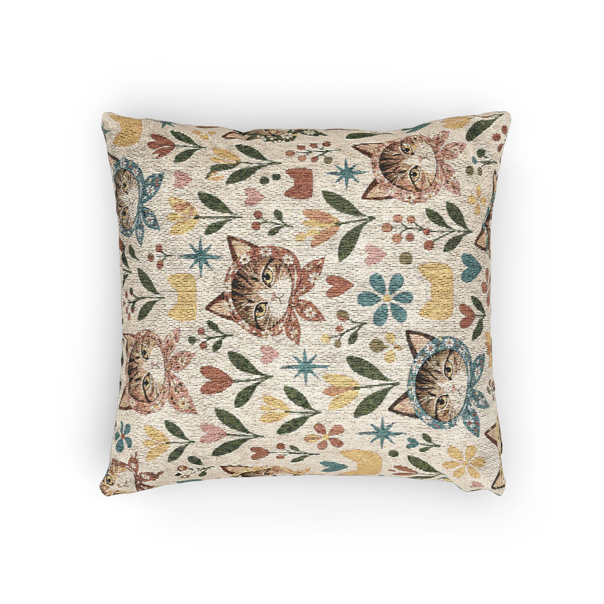 Babushka Cat Heads and Flowers Woven Pillow