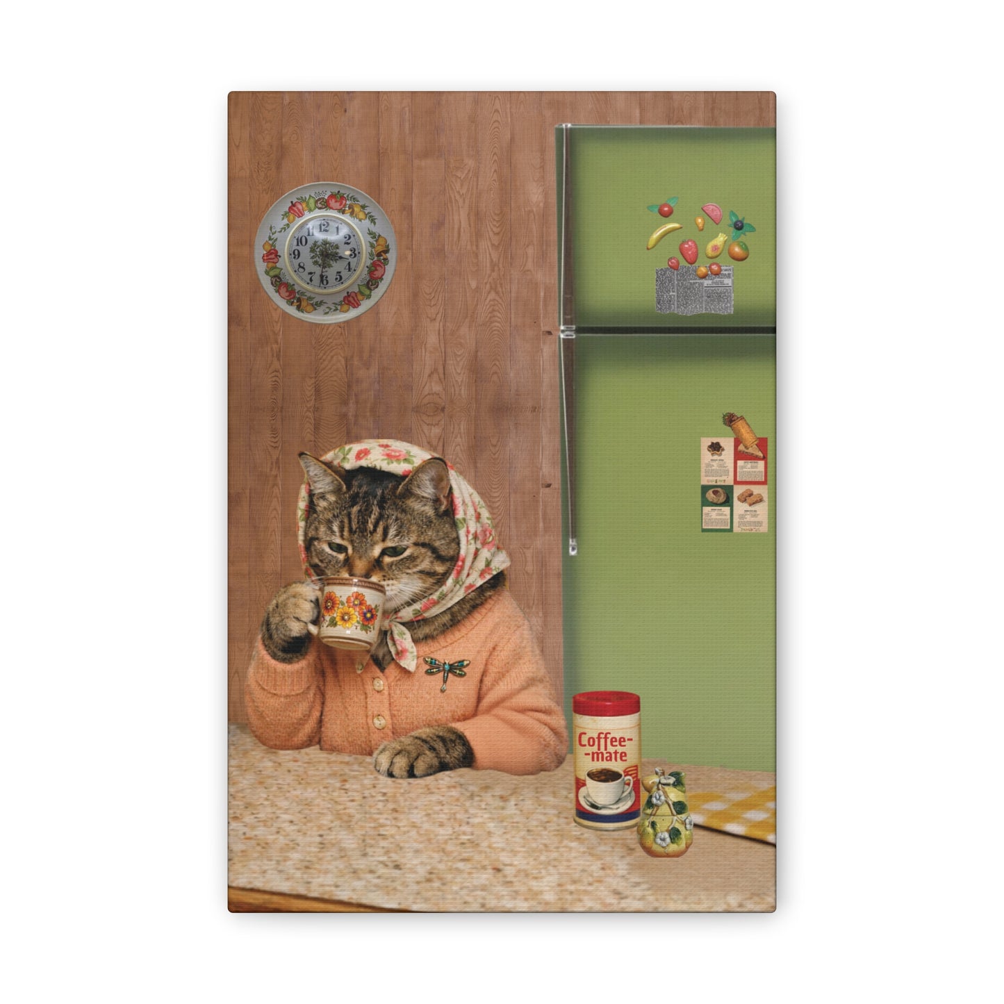 Babushka Cat Enjoys Coffee Canvas Wall Art