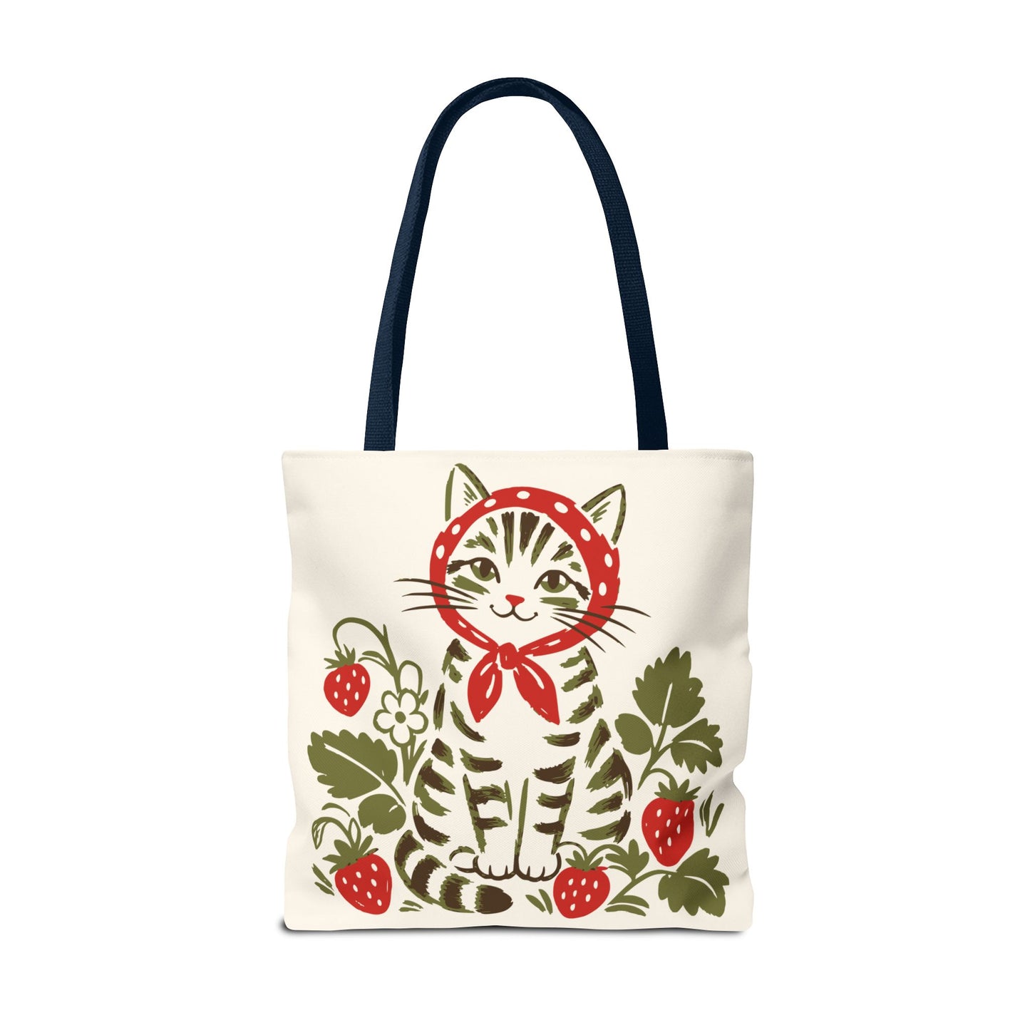 Babushka Cat Strawberry Patch Tabby Cat Tote Bag (AOP)