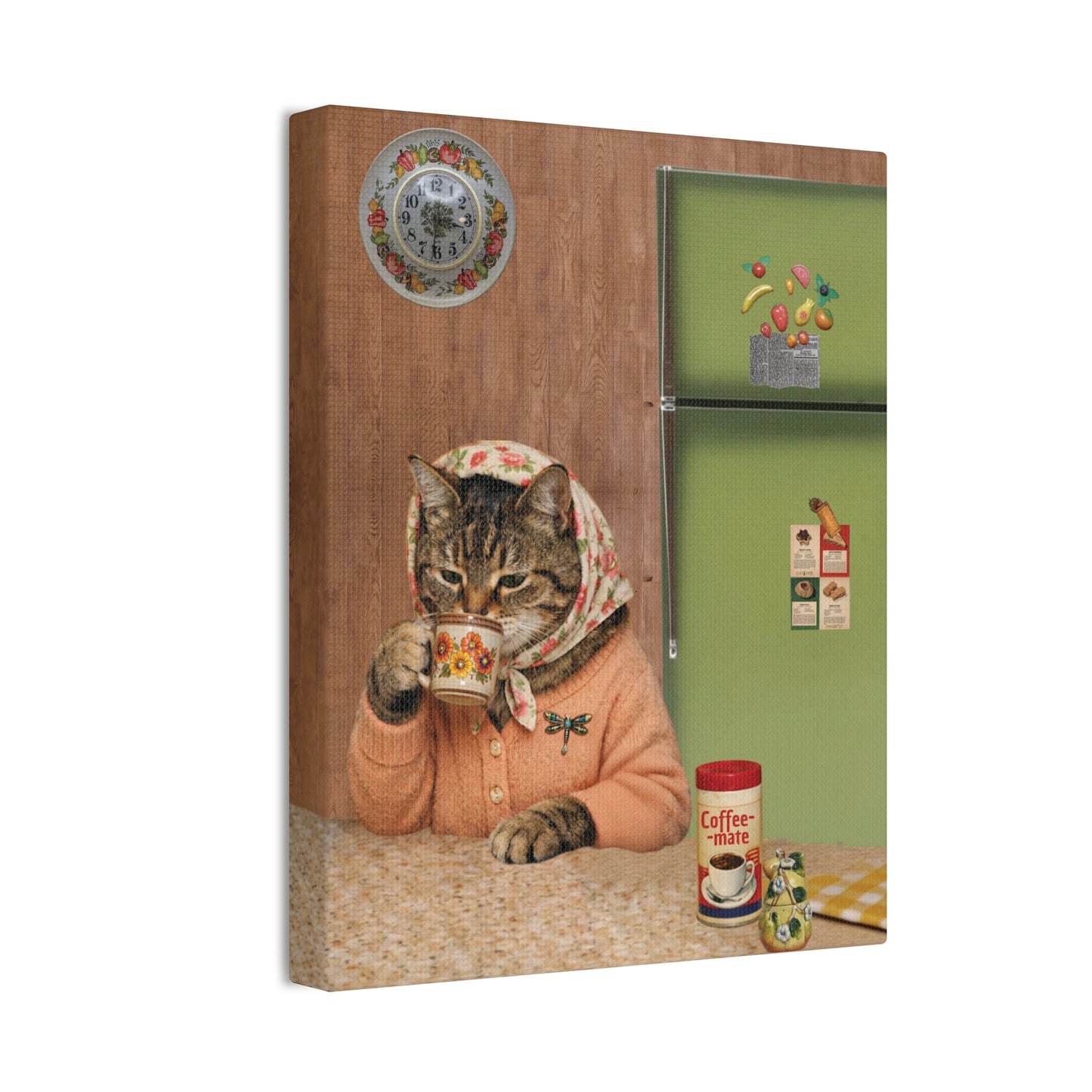 Babushka Cat Enjoys Coffee Canvas Wall Art