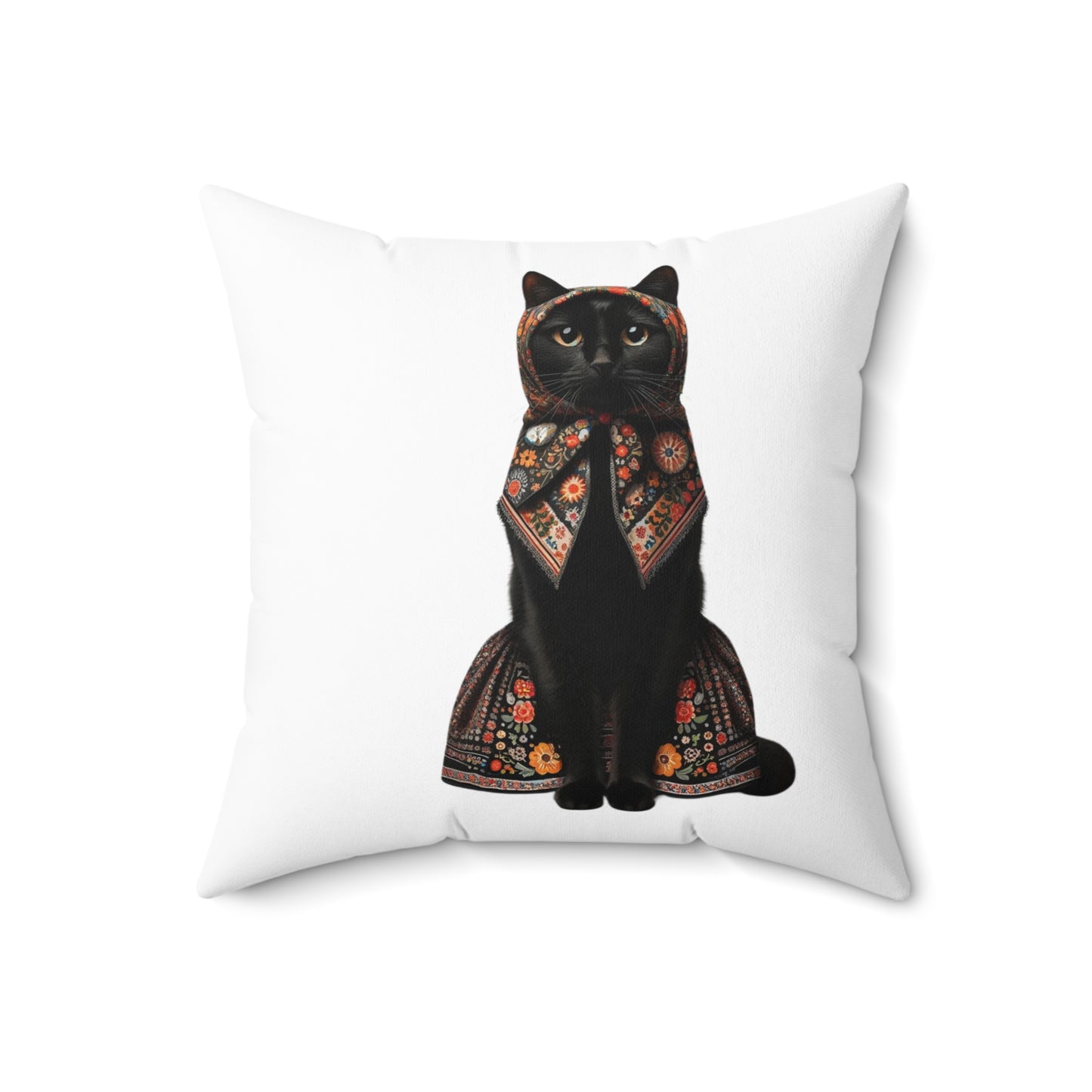 Babushka Cat, Black Cat, Spun Polyester Square Pillow