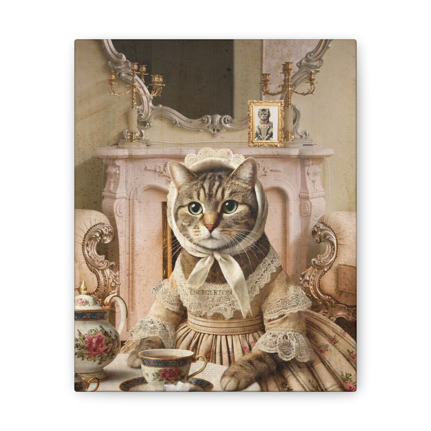 Babushka Cat Sits for Royal Tea Art, Cat Lover Gift