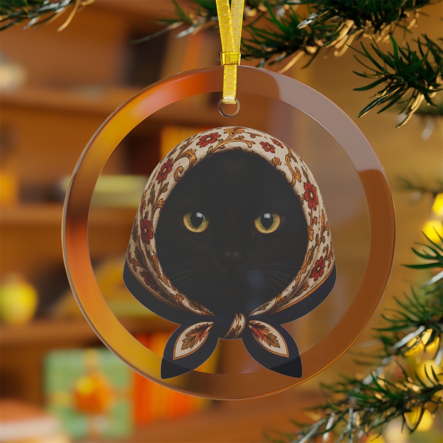 Babushka Black Cat Glass Ornament