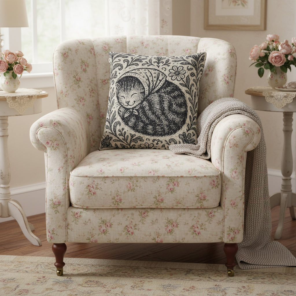 Babushka Cat  Cottage Style Woven PIllow