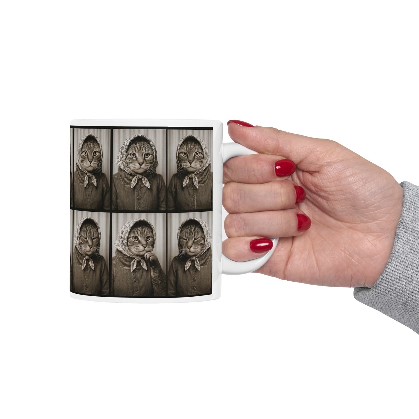 Babushka Cat Photo Booth Cat Humor Ceramic Mug