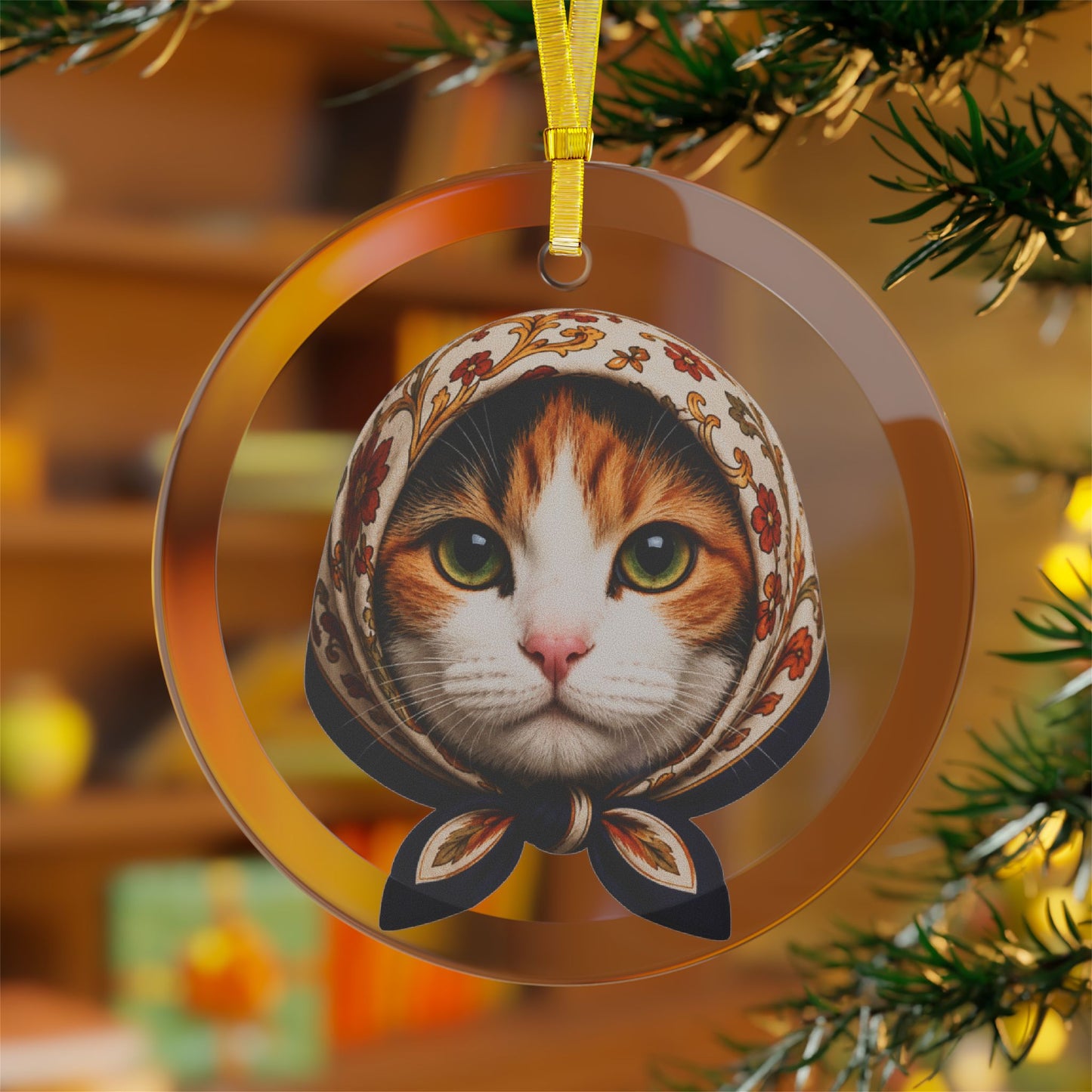 Babushka Calico Cat Glass Ornament