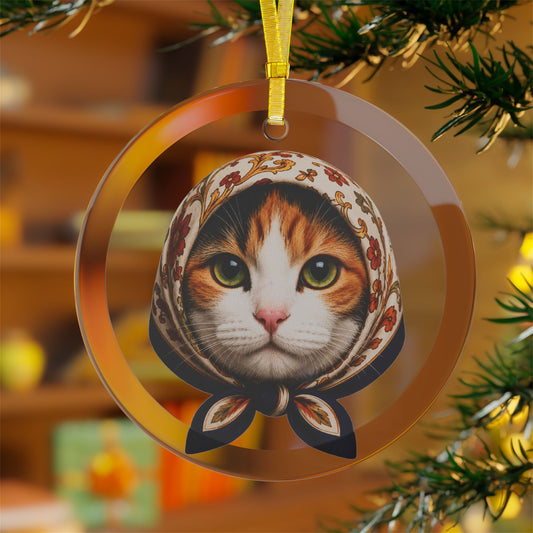 Babushka Calico Cat Glass Ornament