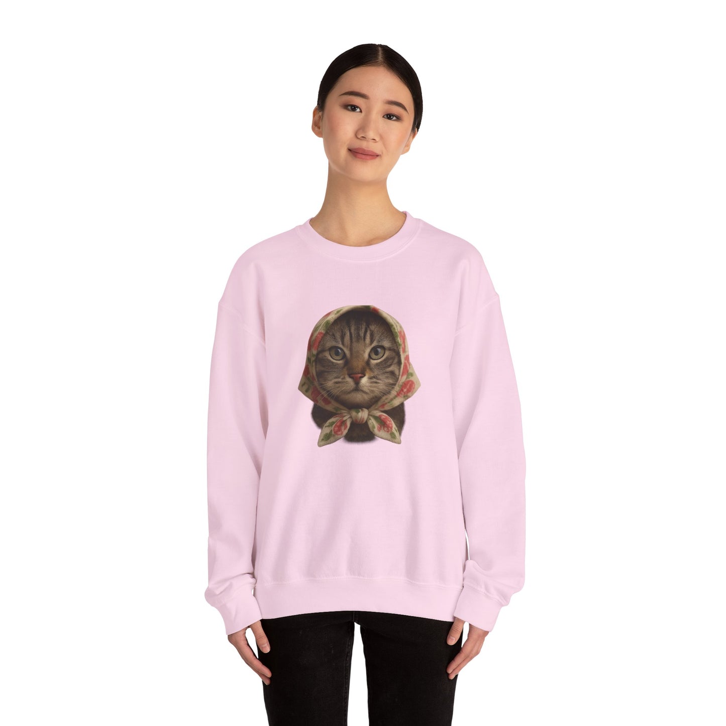 Babushka Cat Sweatshirt, Cozy Crewneck, Unisex Style for Cozy Everyday Wear