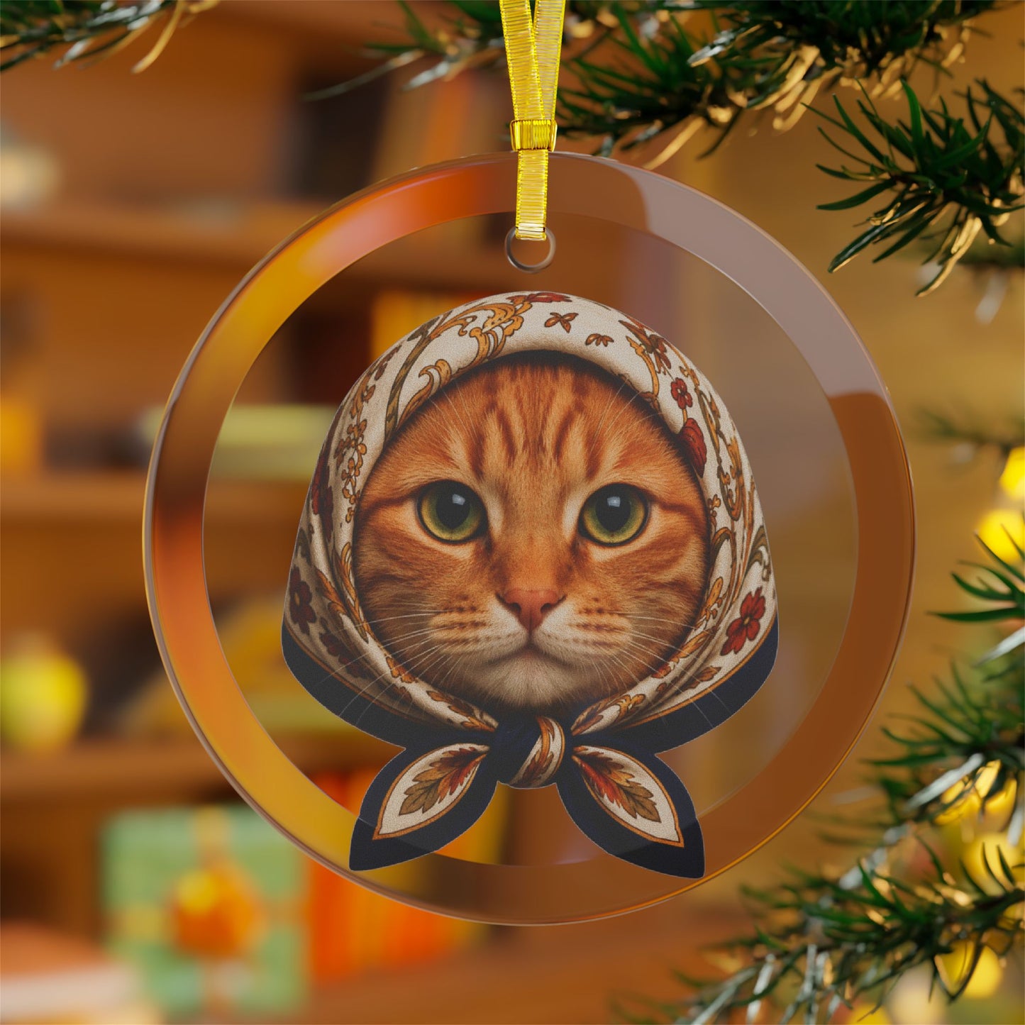 Babushka Orange Tabby Cat Glass Ornament