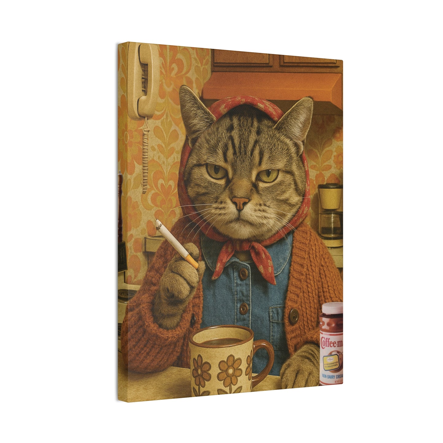 Babushka Cat Smoke Break Nostalgic Kitschy Cat Art Canvas
