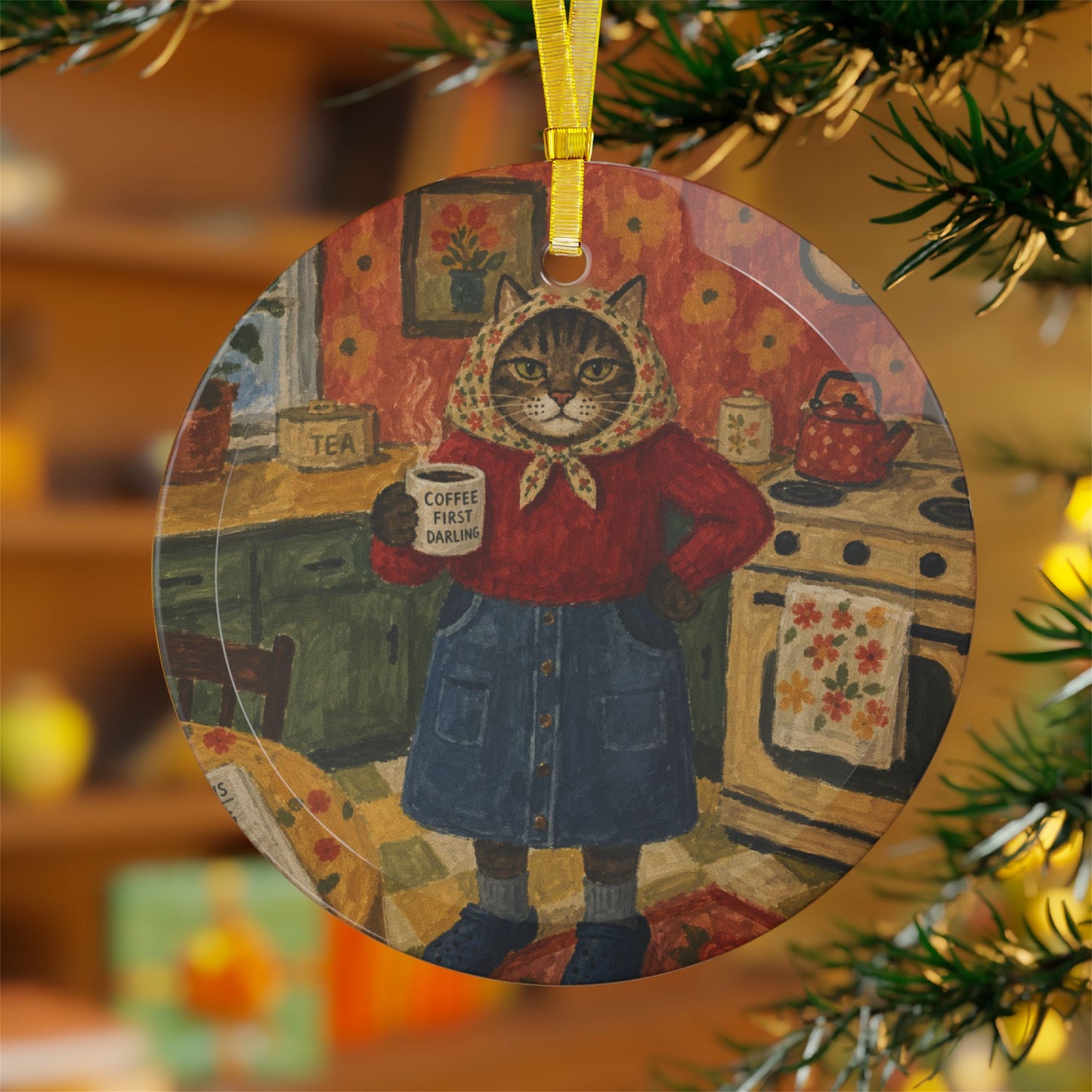 Babushka Cat Kitchen Scene Glass Ornament
