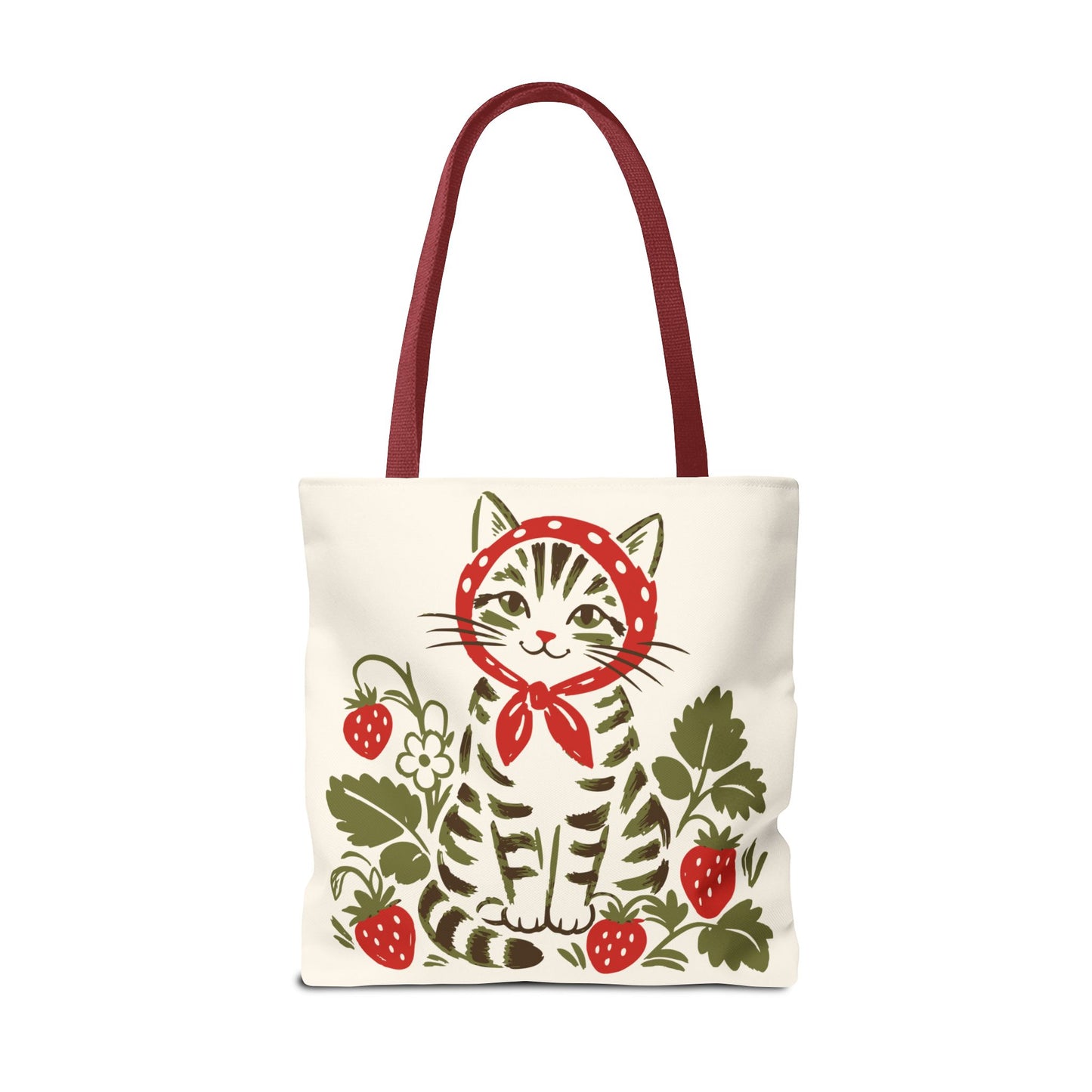Babushka Cat Strawberry Patch Tabby Cat Tote Bag (AOP)