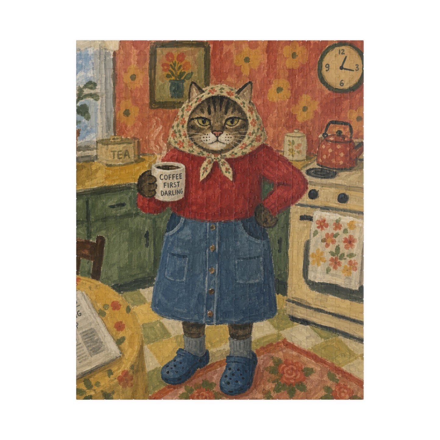 Babushka Cat Kitchen Coffee Kitschy Sweet Puzzle (520 Piece)