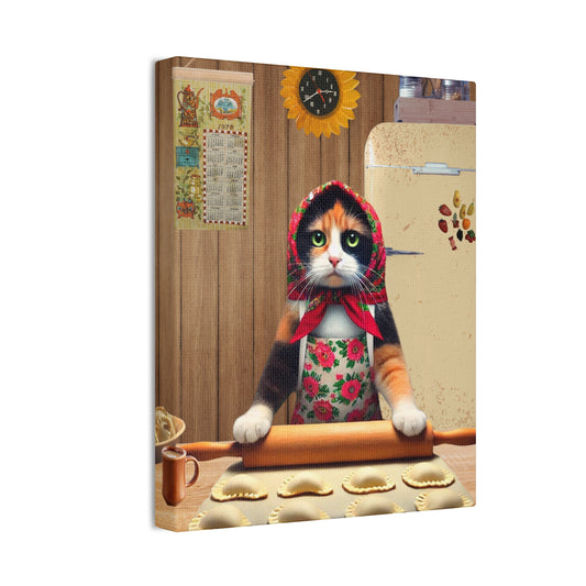 Babushka Cat Calico Kitty  Proud Pierogi Maker, Kitschy Cat Art, Polish Cats