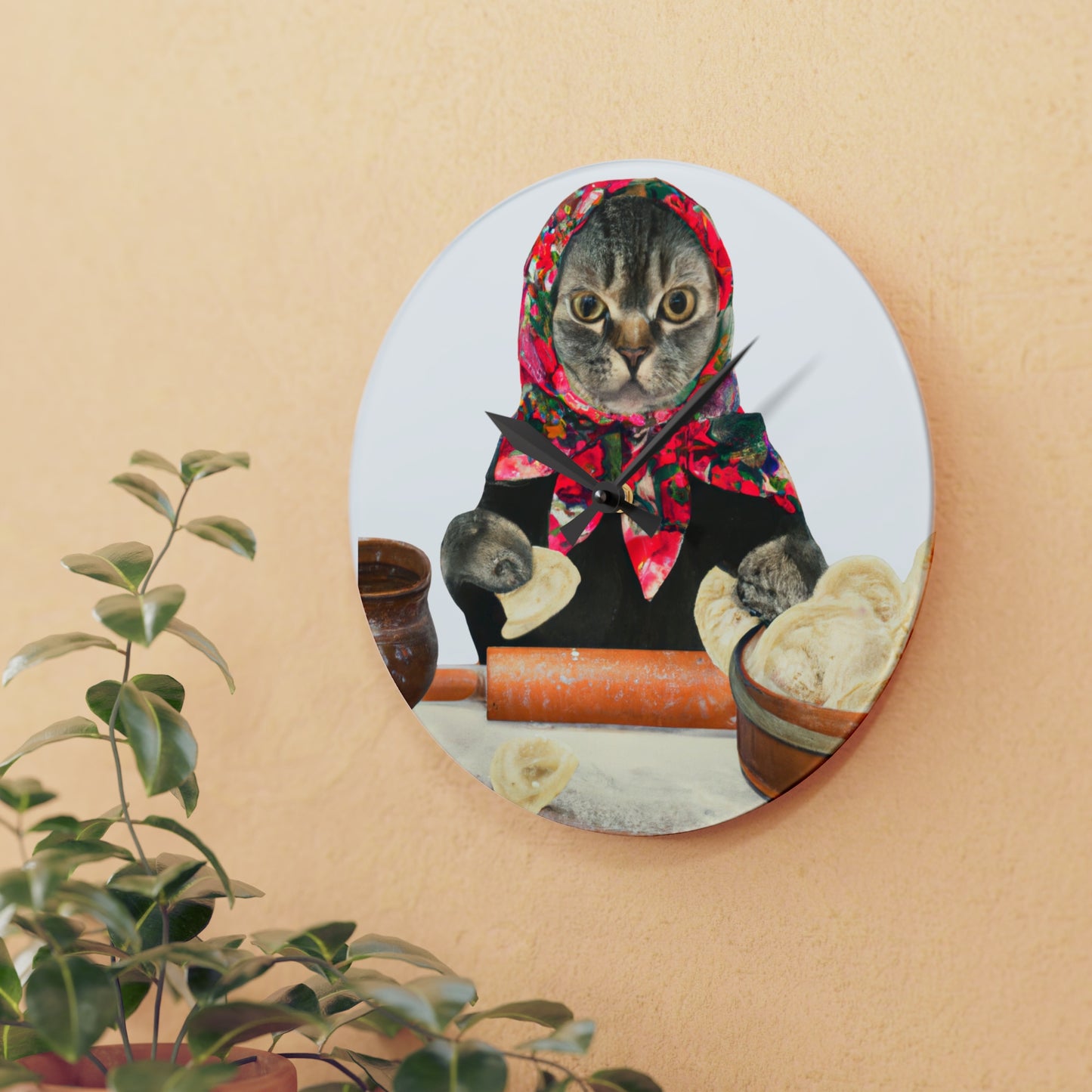 Babushka Pierogi Cat Acrylic Wall Clock