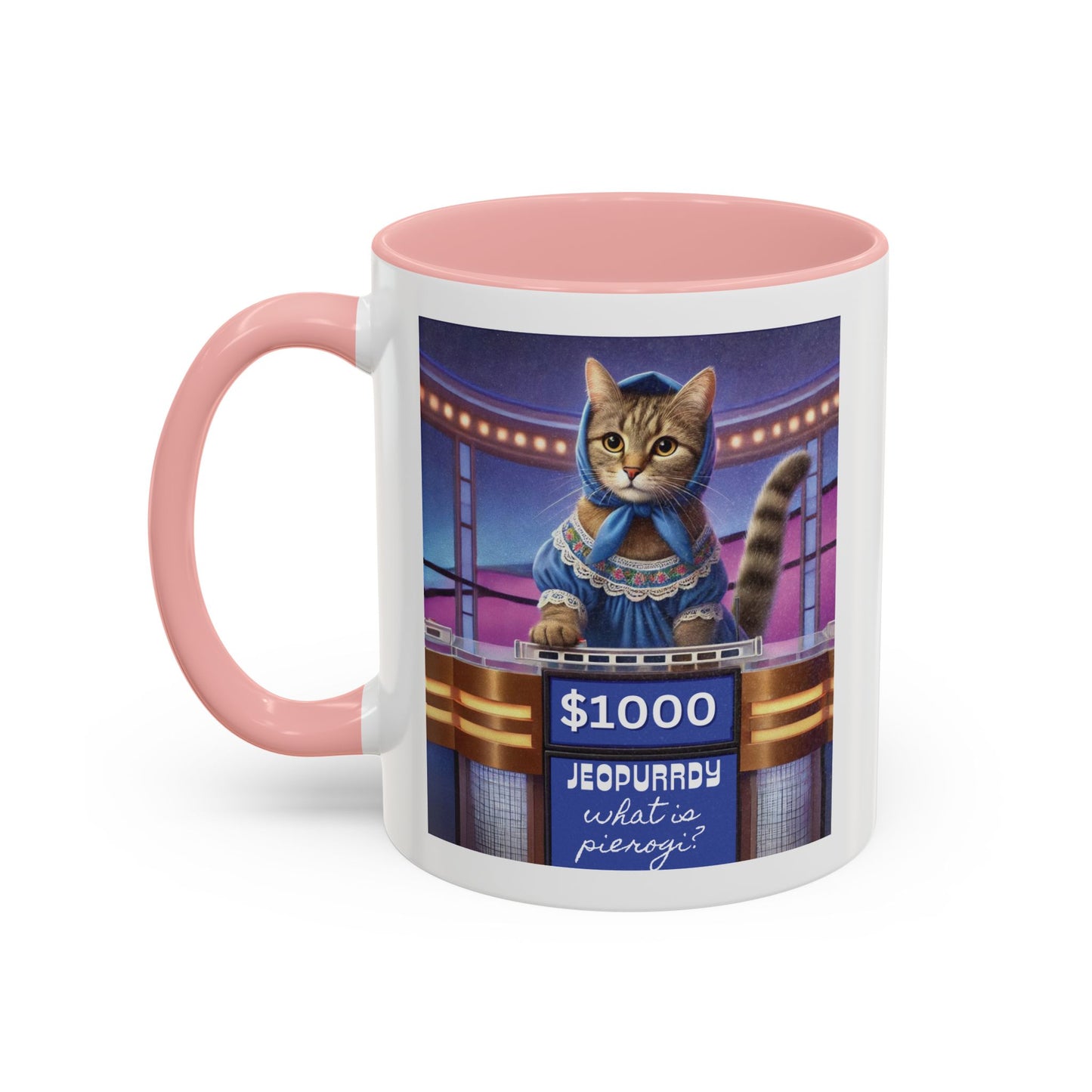 Babushka Cat Does Gameshow, Kitschy Cat Accent Coffee Mug (11 oz)