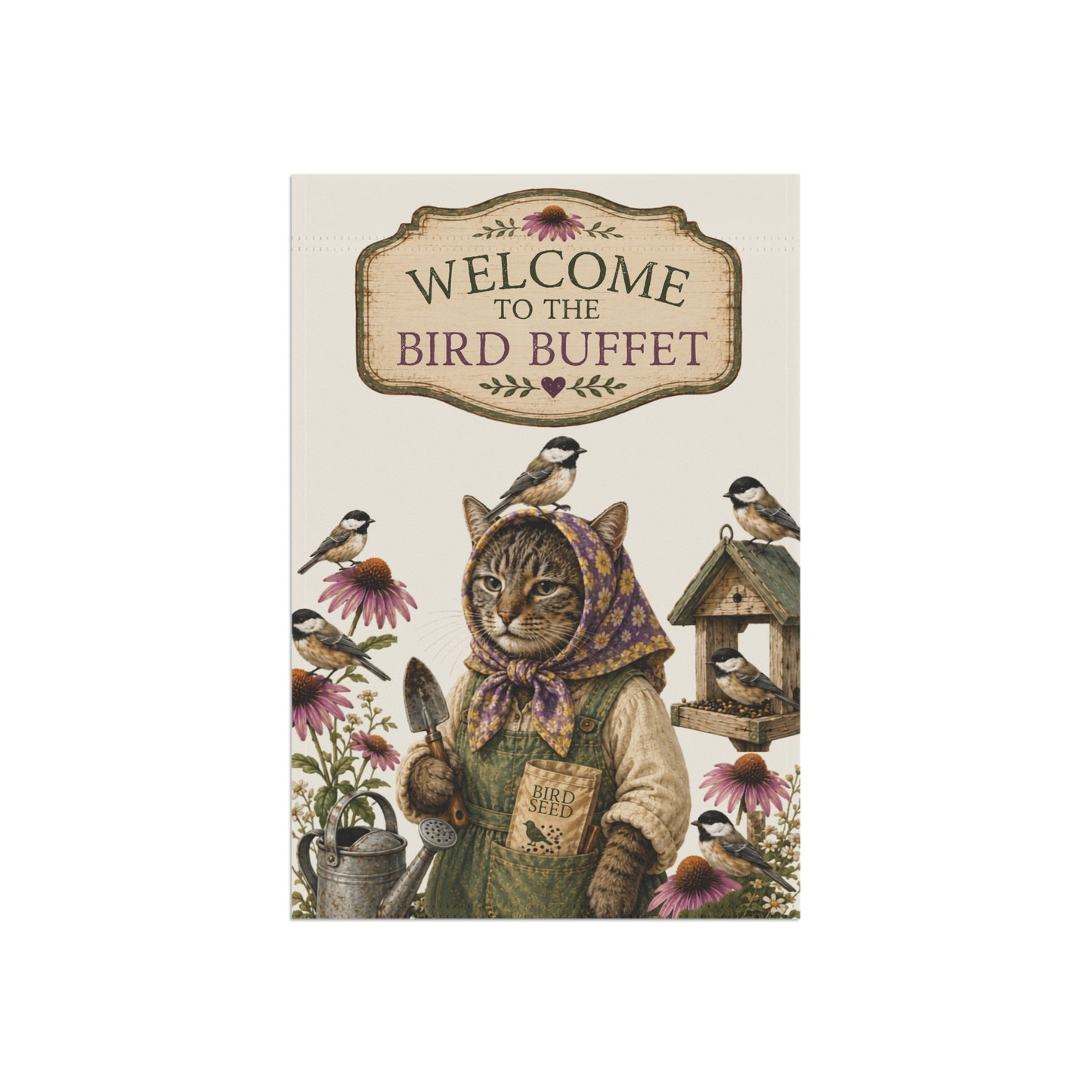 Babushka Cat and the Birds Humor Garden Flag (no pole)