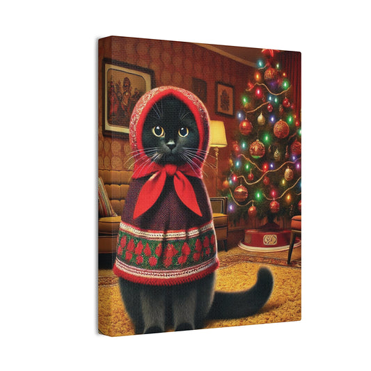 Babushka Black Cat Christmas 70's Art,  Babushka Cat Kitschy Cat Wall Art,  Canvas Wall Art, Nostalgic 70's Art