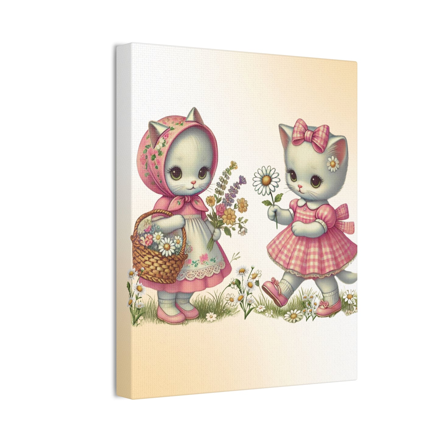 Vintage Cats and Daisies, Kitschy Cat Canvas Wall Art