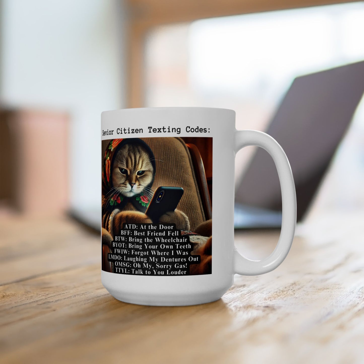 Babushka Cat Senior Citizen Texting Codes, Funny Kitschy Ceramic Mug