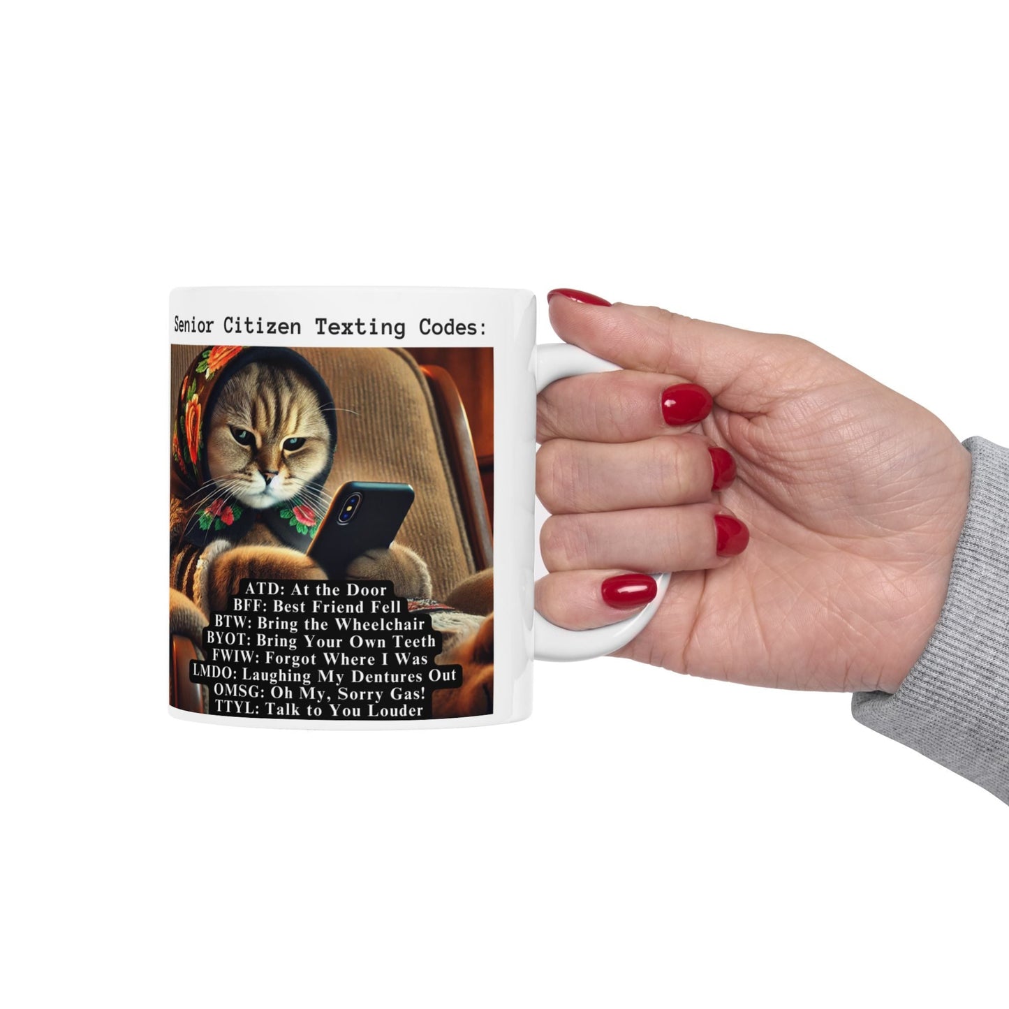 Babushka Cat Senior Citizen Texting Codes, Funny Kitschy Ceramic Mug