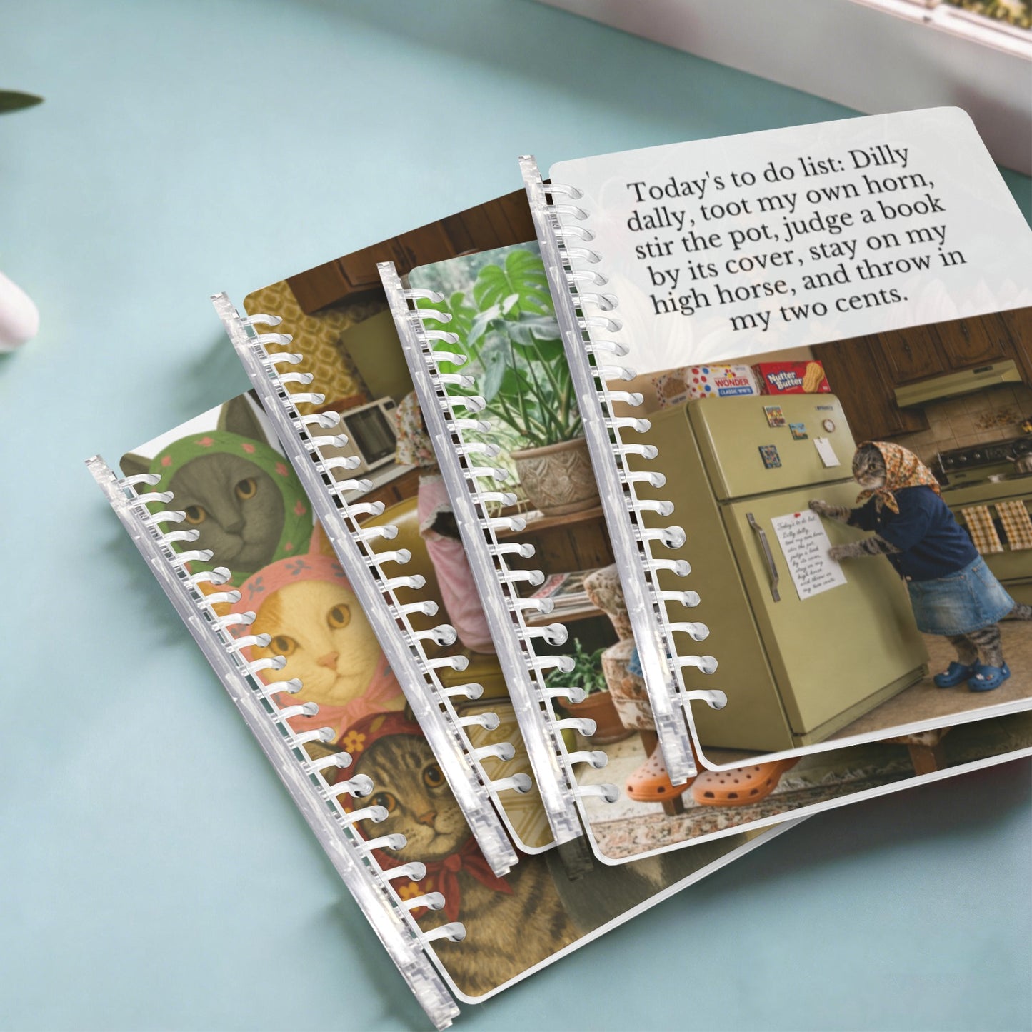 Three spiral-bound mini notebooks with printed cartoon and lifestyle illustrations are arranged on a light blue surface. The top notebook is open, showing a white page with a black handwritten-style list that reads, 'Today's to do list: Dilly dally, toot my own horn, stir the pot, judge a book by its cover, stay on my high horse, and throw in my two cents.