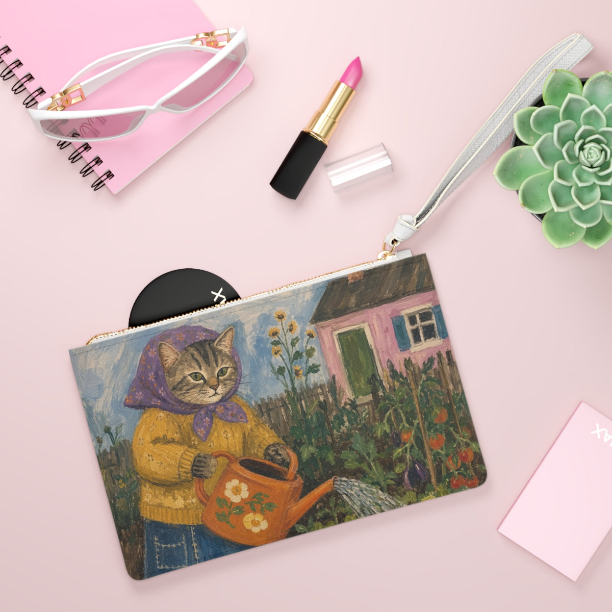 Babushka Cat Tends to Garden  Clutch Bag