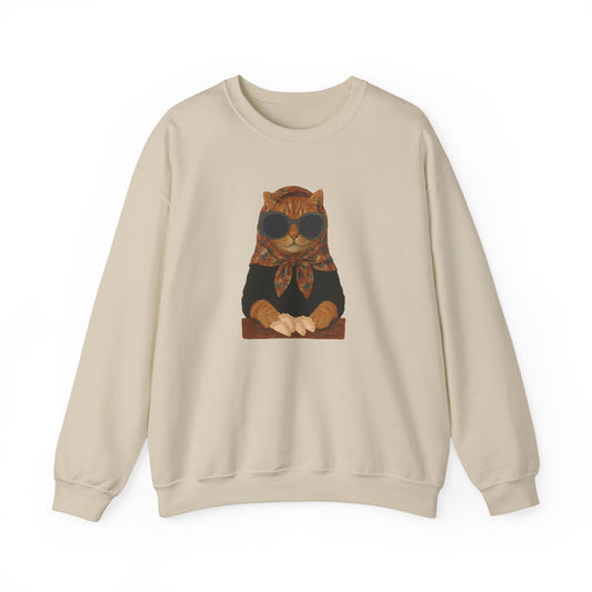 Babushka Cat Sweatshirt - Unisex Crewneck Pullover with Polish Cat Print
