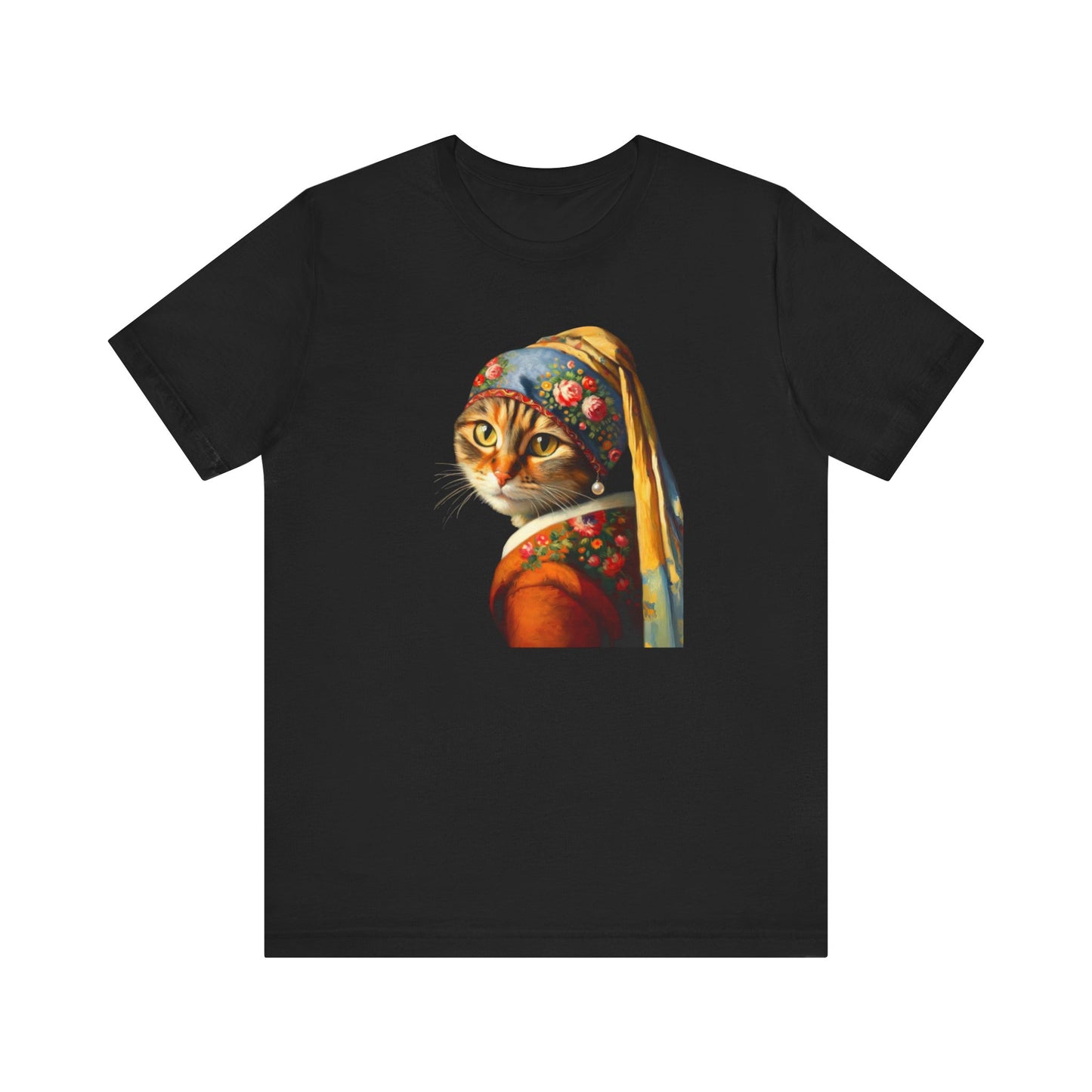 Babushka Cat With a Pearl Earring, Cat Art Parody Unisex Jersey Short Sleeve Tee for Cat Lovers