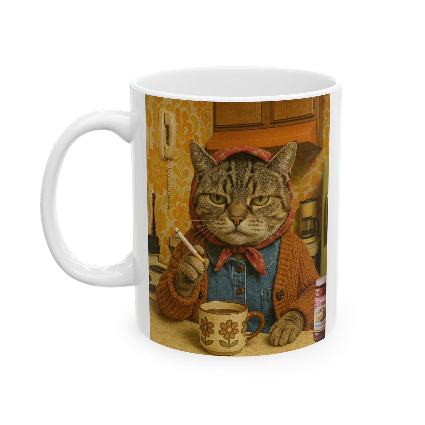 Babushka Cat Cig and Coffee Break, Cat Humor Ceramic Mug