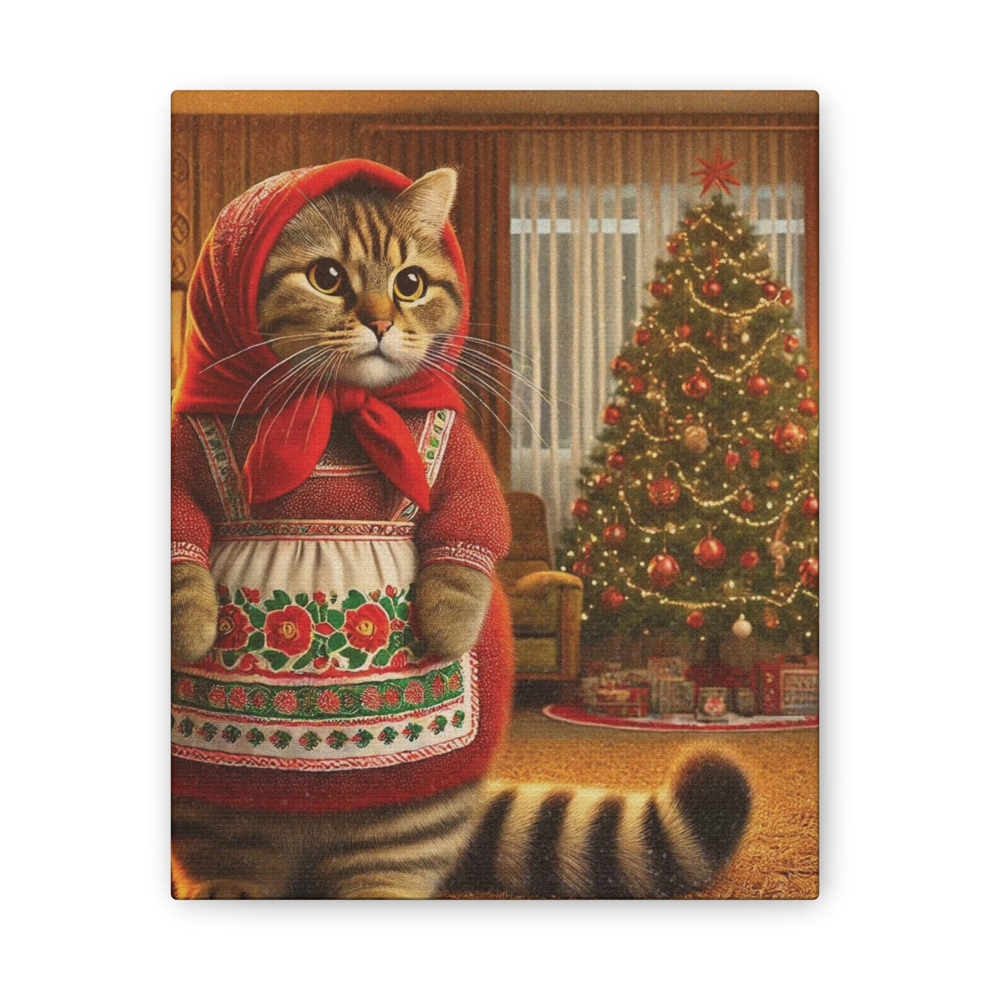 Babushka Cat Christmas 70's Art,  Babushka Cat Kitschy Cat Wall Art,  Canvas Wall Art, Nostalgic 70's Art