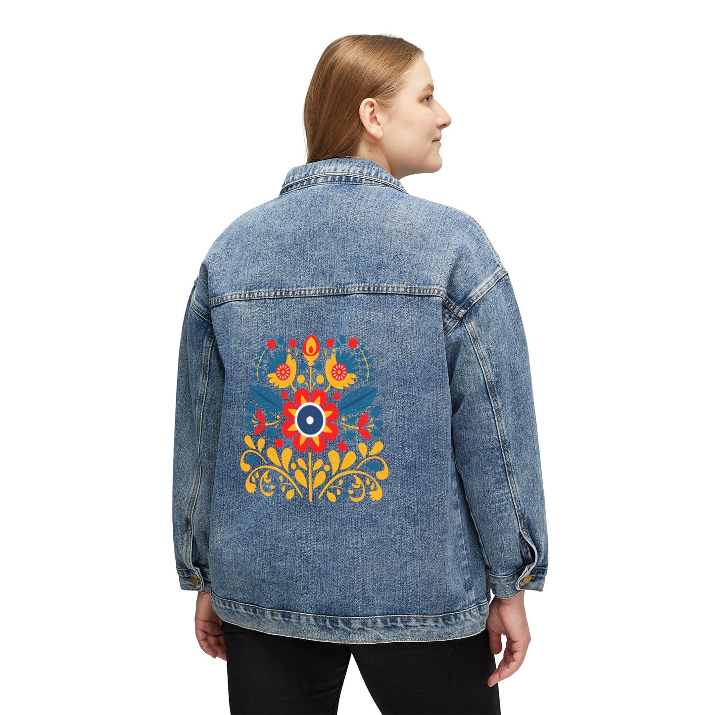 Polish Folk Art Women's Denim Jacket Wycinanki Pattern