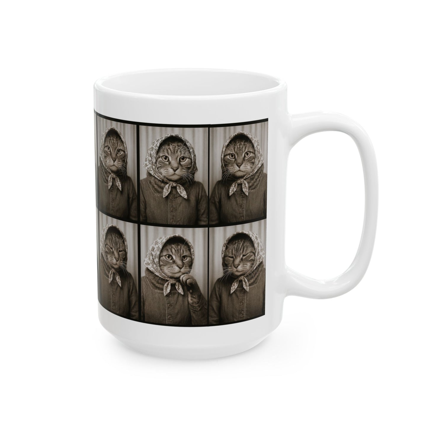 Babushka Cat Photo Booth Cat Humor Ceramic Mug