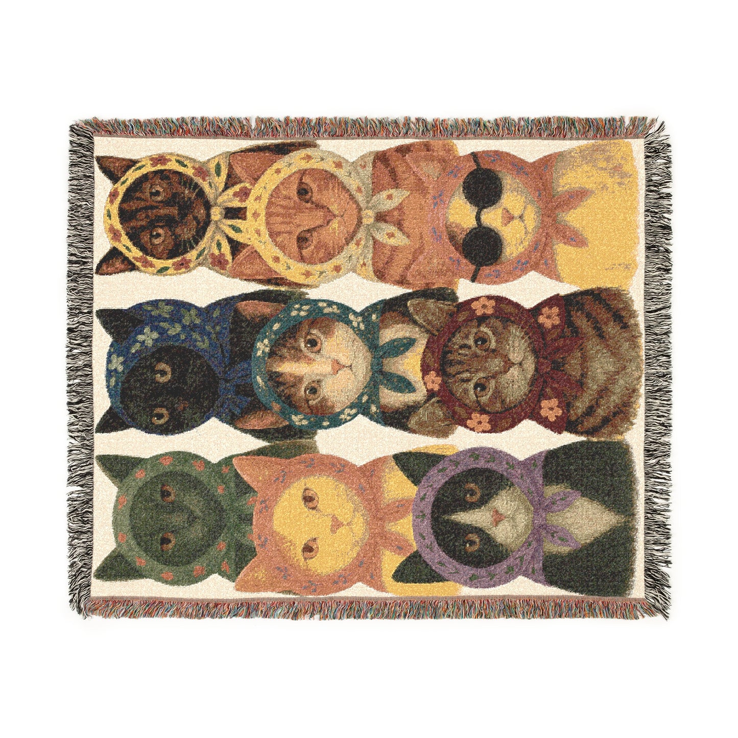 Babushka Cat Varieties, Kitschy Cat Breeds Woven Blanket - Home Decor