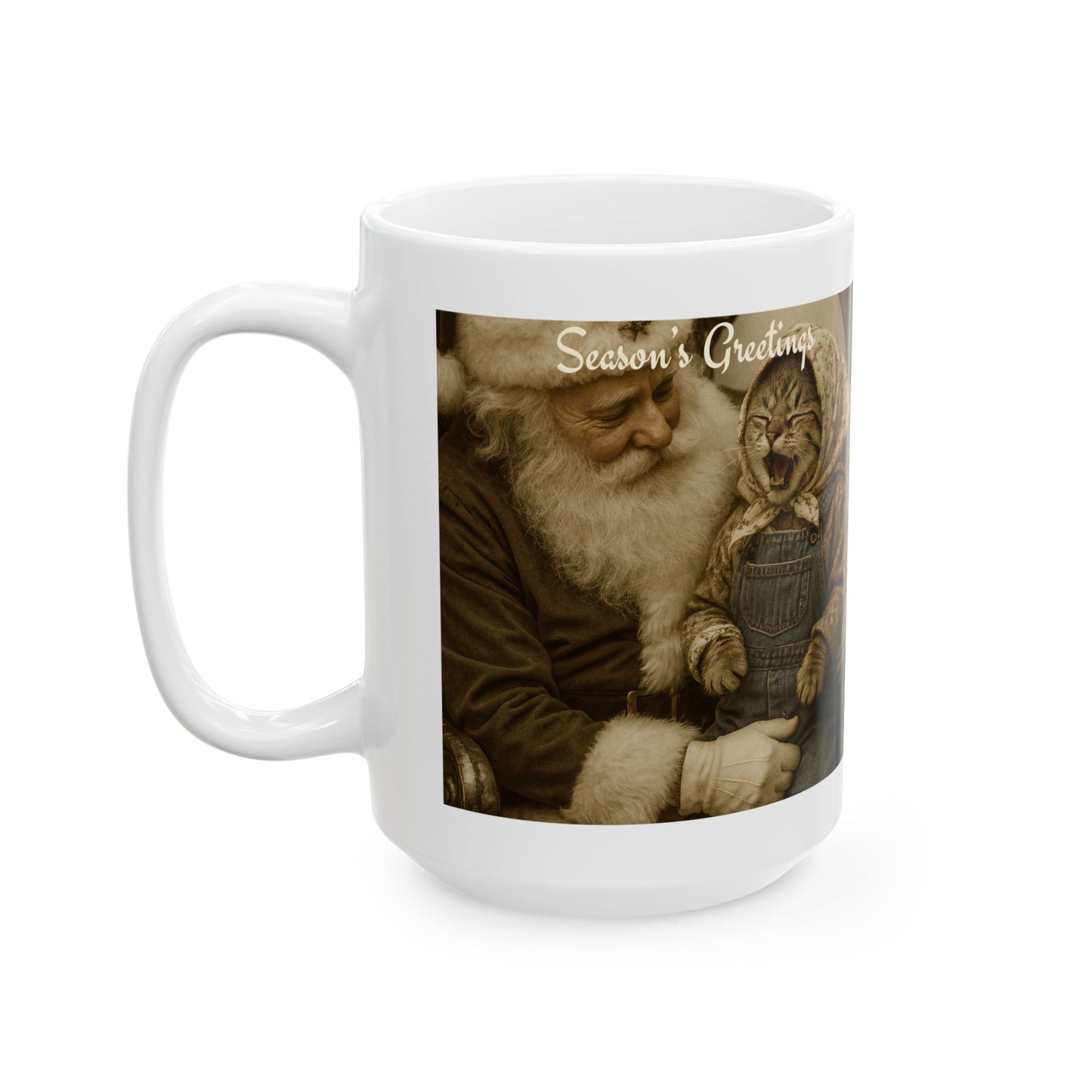 Babushka Cat Childhood Memories Funny Santa Cat Ceramic Mug, (11oz, 15oz)