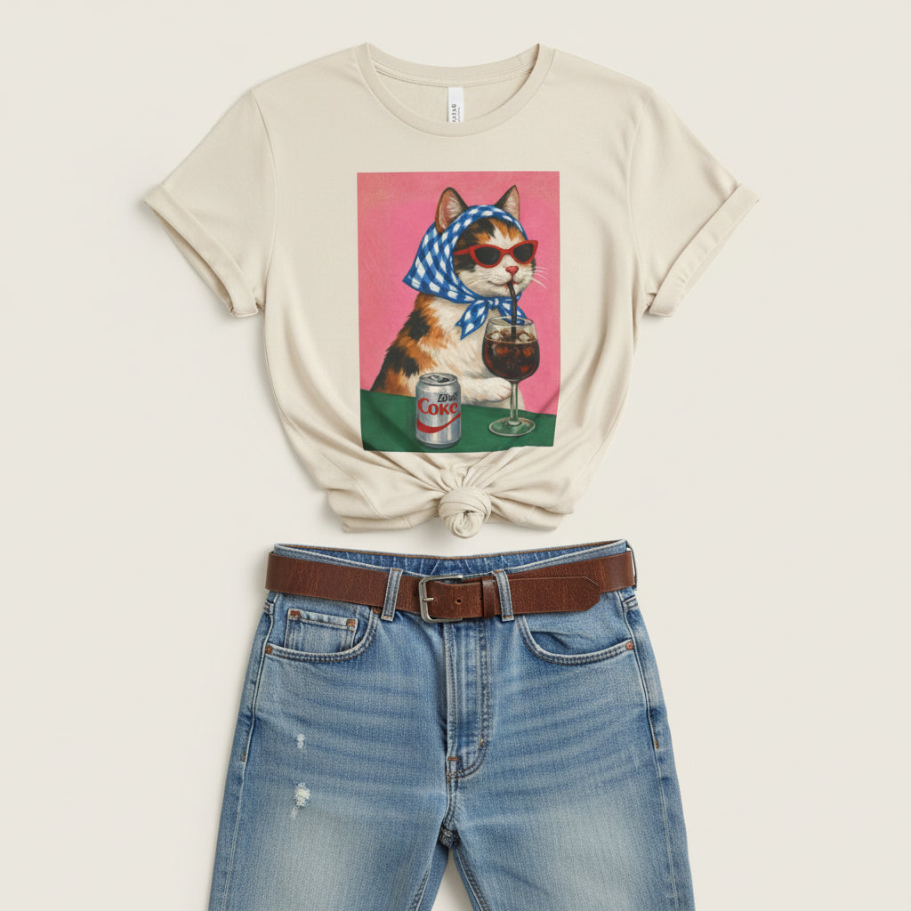 Babushka Cat Enjoys a Diet Cola Unisex Jersey Short Sleeve Tee