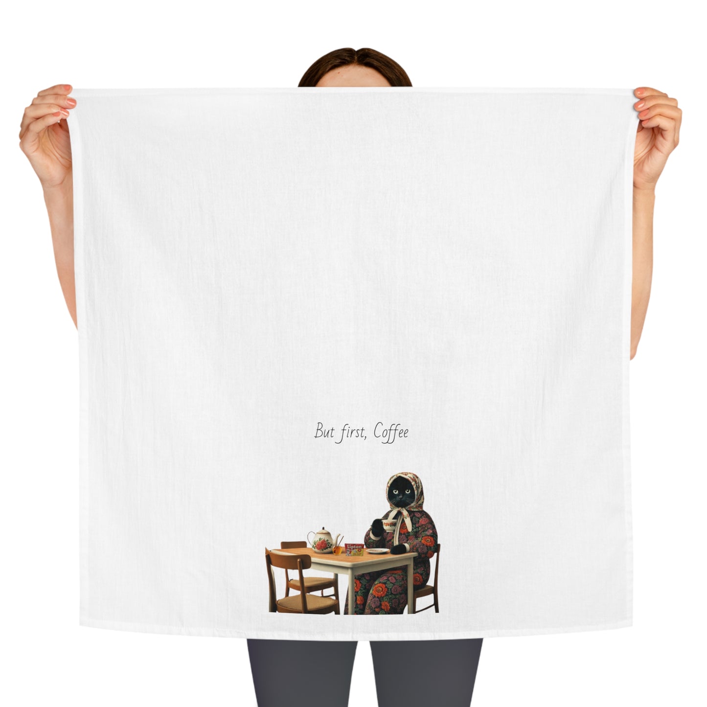 Babushka Cat Coffee Drinking Tea Towel