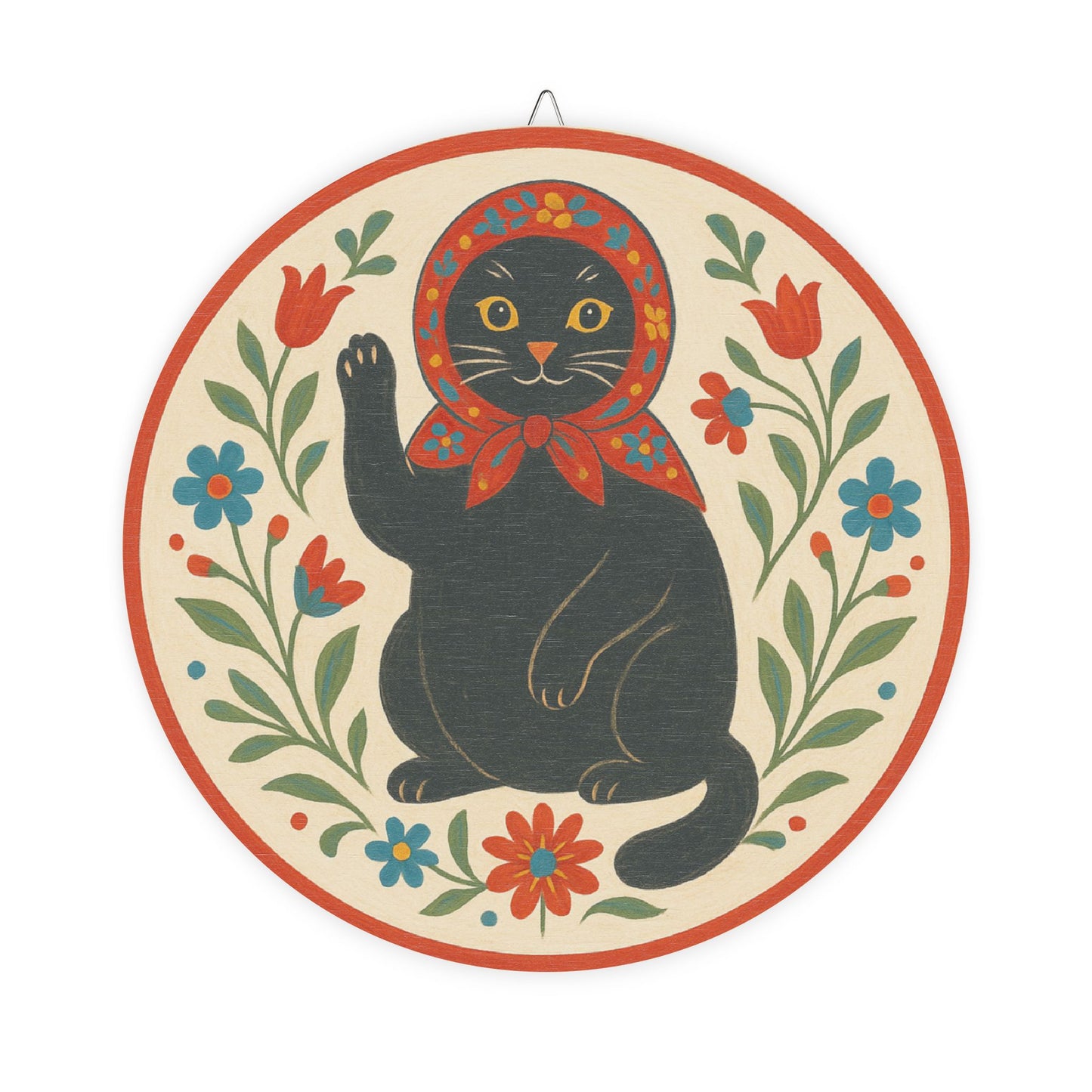 Babushka Cat Pennsylvania Dutch Style Wooden Sign - Rustic Hex Sign