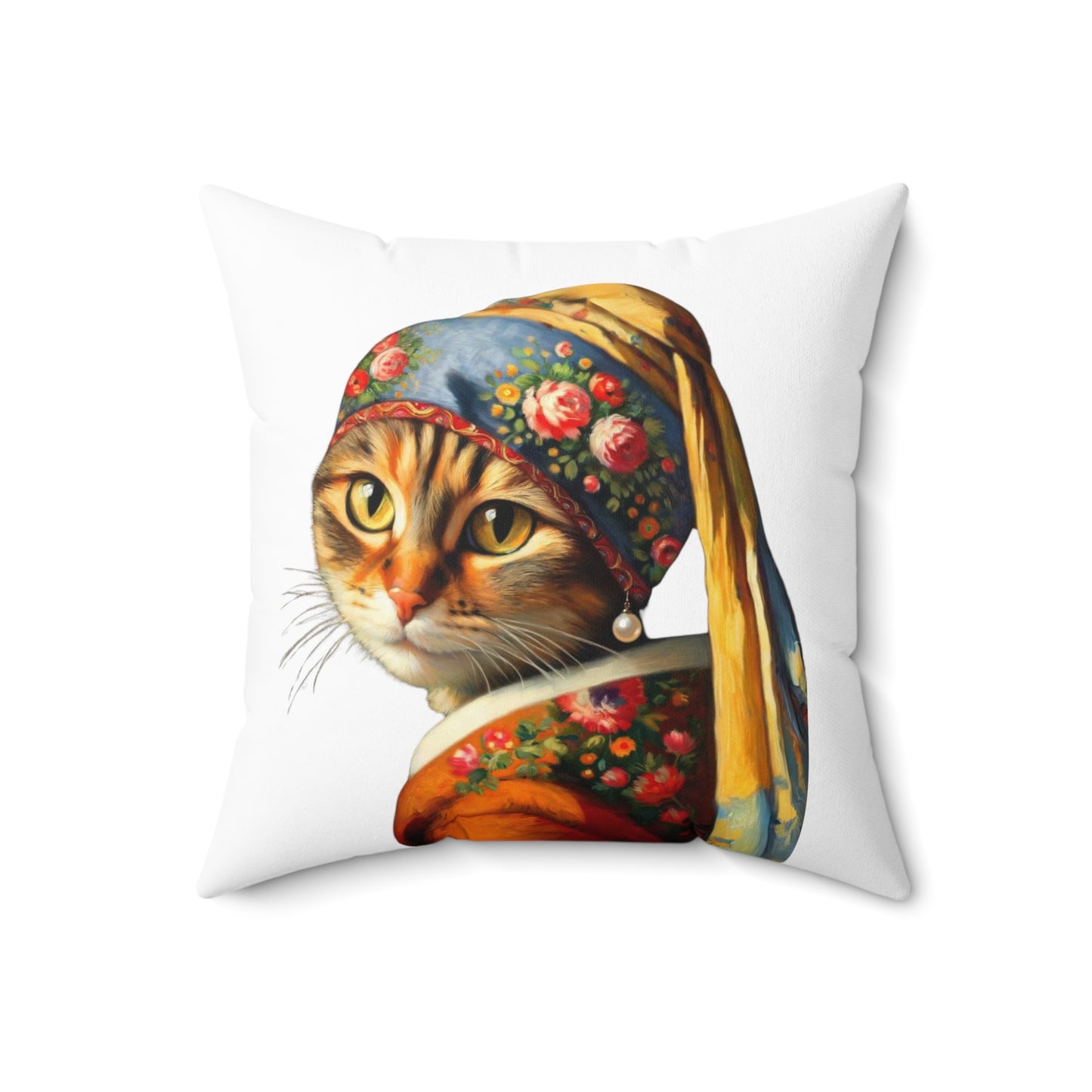 Babushka Cat with a Pearl Earring Spun Polyester Square Pillow