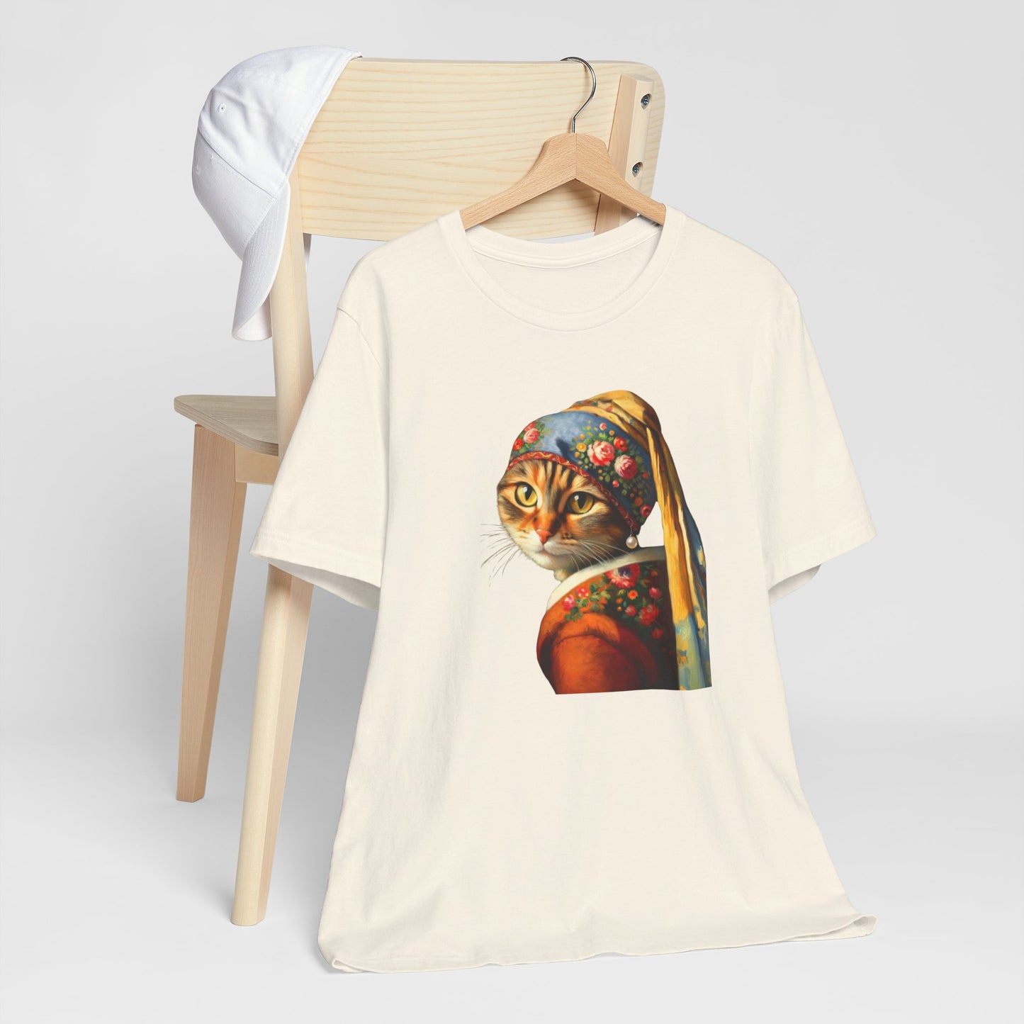 Babushka Cat With a Pearl Earring, Cat Art Parody Unisex Jersey Short Sleeve Tee for Cat Lovers