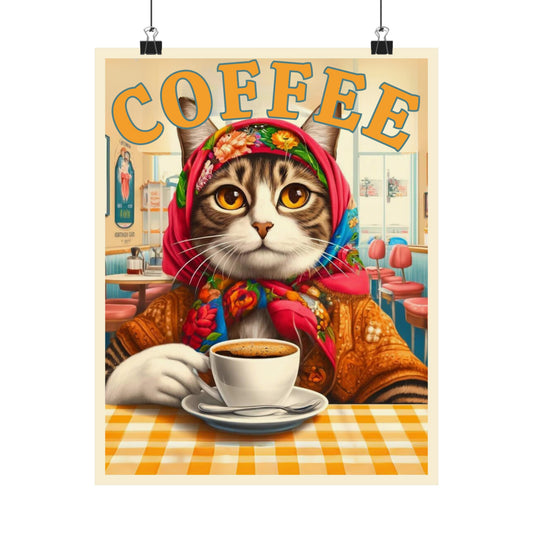 Babushka Cat Coffee Shop Matte Vertical Poster Wall Art