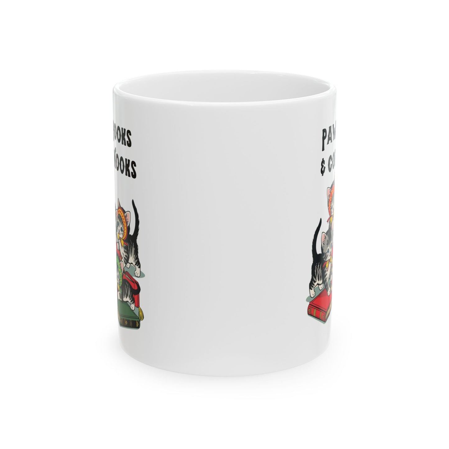 Kitschy Mug with Babusha Kittens and Books Design, Ceramic Mug