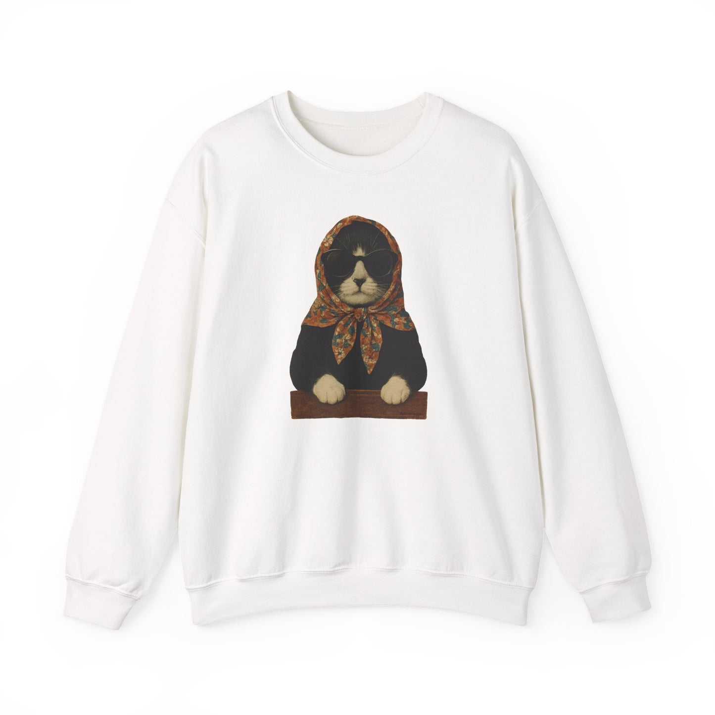 Babushka Cat, Tuxedo Cat Sweatshirt - Unisex Crewneck Pullover with Polish Cat Print