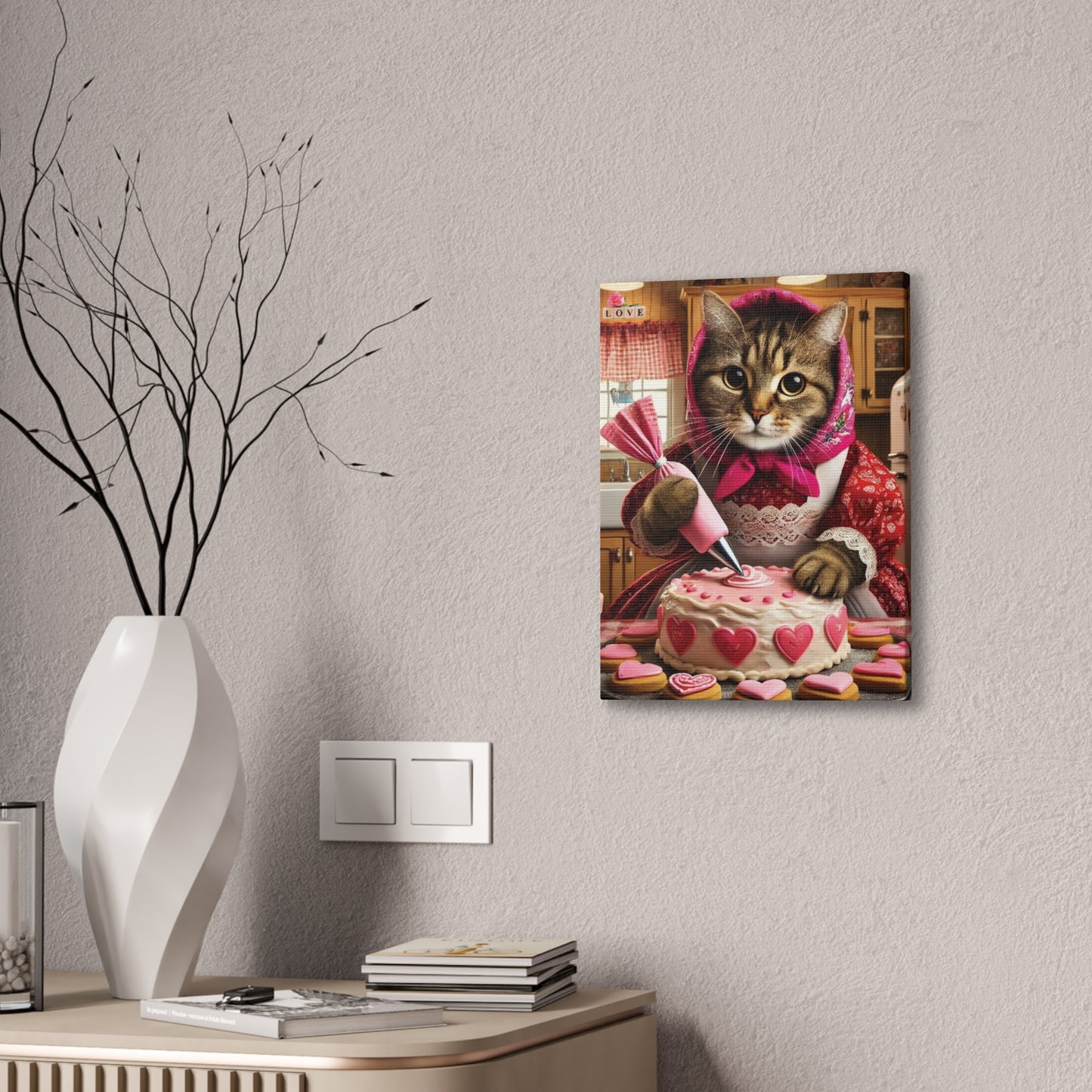 Babushka Cat Valentine Sweets Charming, Kitschy Wall Art, Canvas