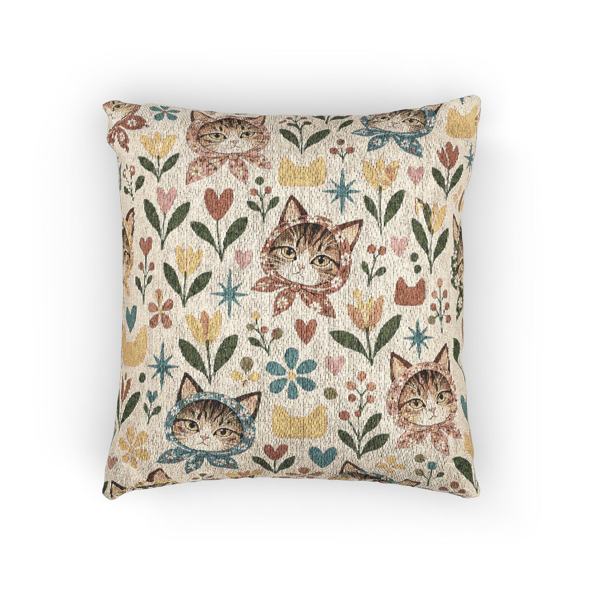 Babushka Cat Heads and Flowers Woven Pillow