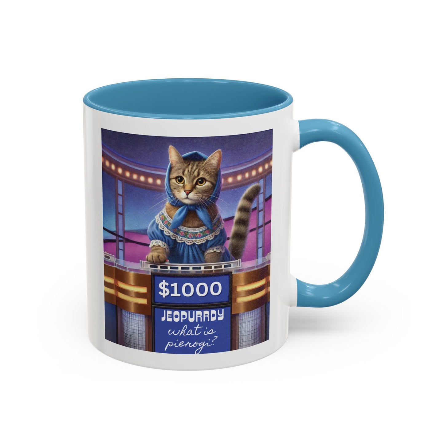 Babushka Cat Does Gameshow, Kitschy Cat Accent Coffee Mug (11 oz)