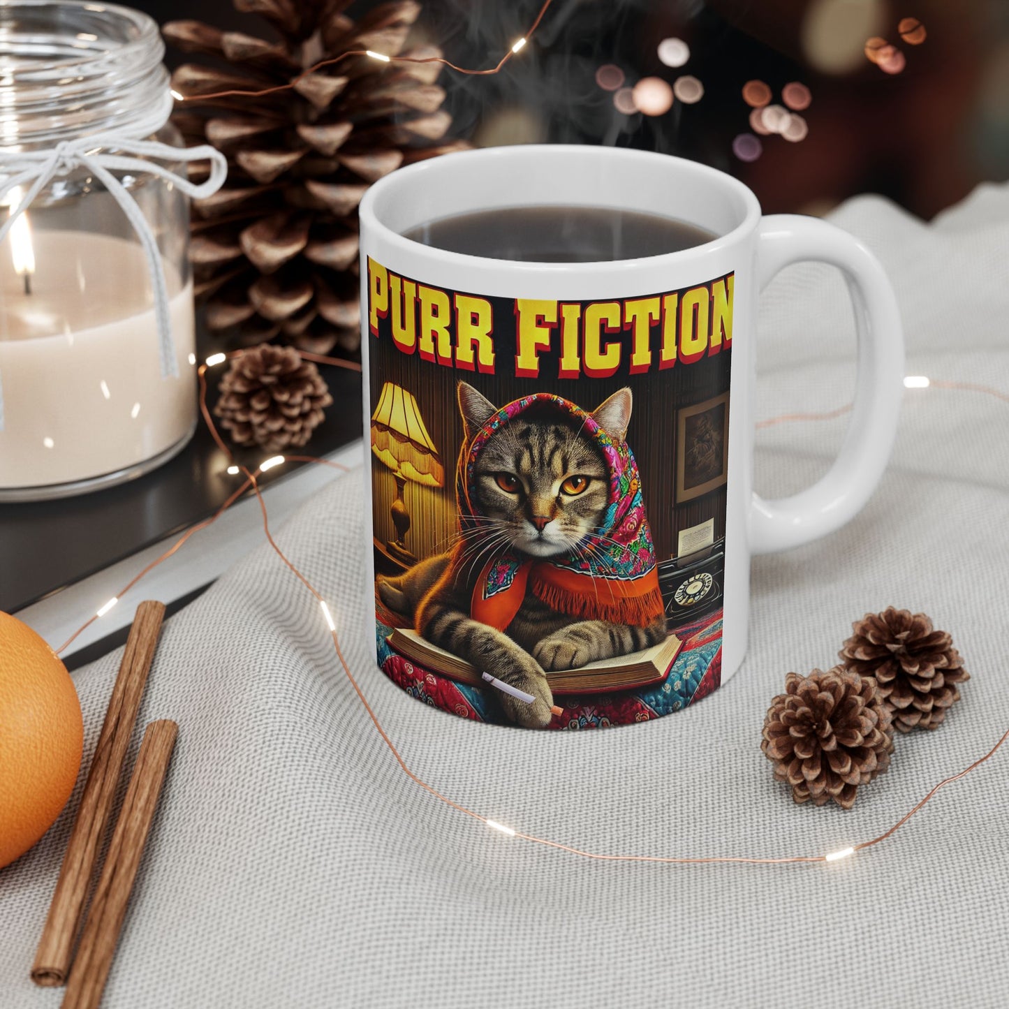 Babushka Cat Movie Parody-Purr Fiction Funny Kitschy Ceramic Mug