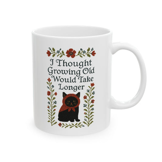 Babushka Black Cat Mug, Funny Aging Quote Cat Ceramic Mug - Faux Cross Stitch Look